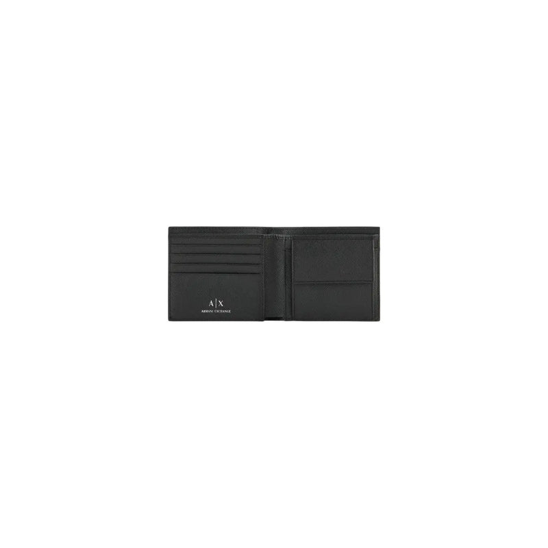 Armani Exchange Schwarze Herren-Ledergeldbörse, zweifach gefaltet, minimalistisches Design mit weißem, gesticktem Logo auf der linken Seite