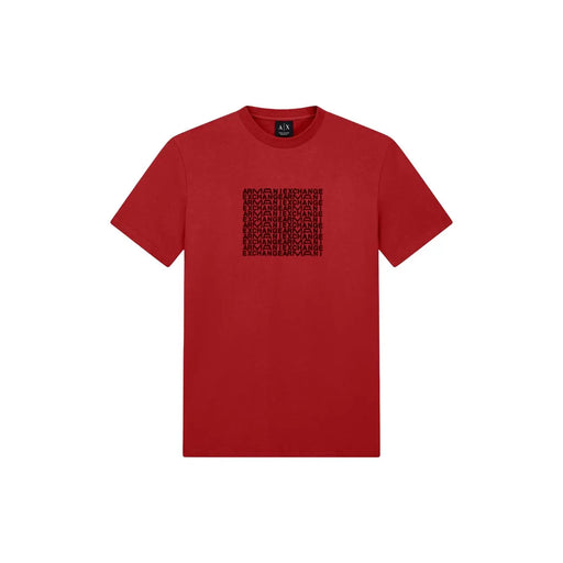 Armani Exchange Rotes Herren-T-Shirt aus Baumwolle mit kurzen Ärmeln und schwarzem „Exchange“-Schriftzug auf der Brust