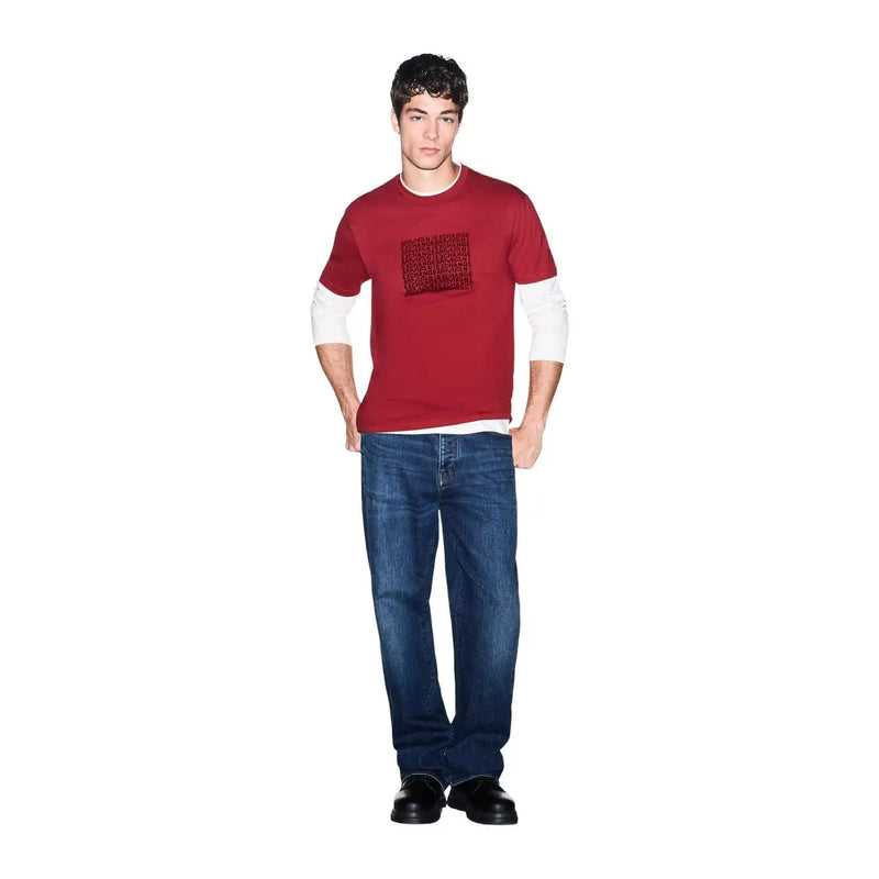 Armani Exchange Rotes Herren-T-Shirt aus Baumwolle mit weißer Innenschicht und schwarzem Schriftzug auf der Brust