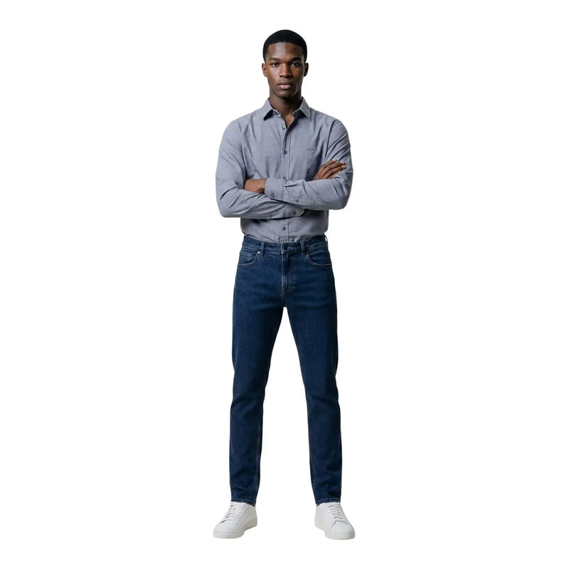 Dark blue denim jeans with classic straight-leg cut and subtle fading at the knees by armani exchange