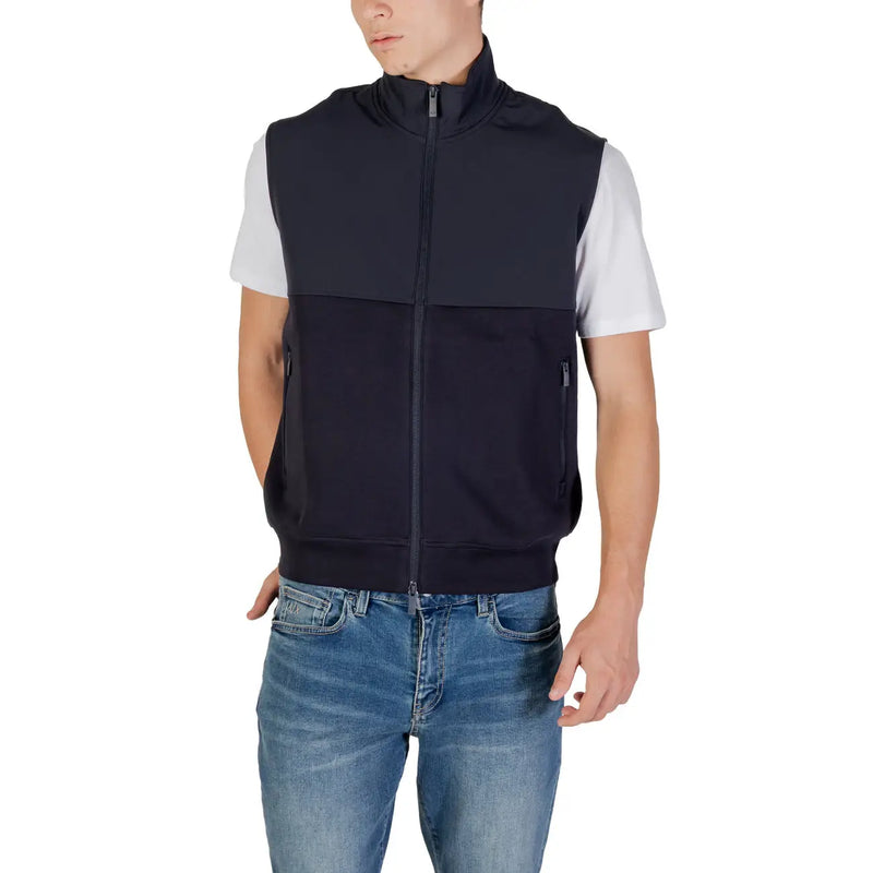Armani Exchange men sleeveless zip sweatshirt navy blue cotton with white shoulder panels and side pockets