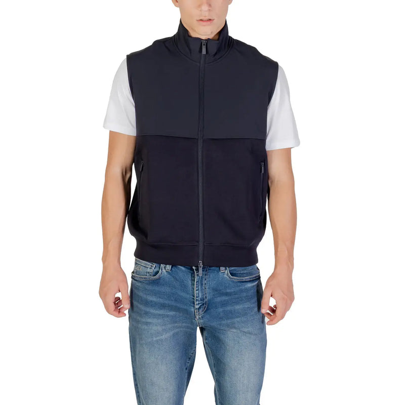 Armani Exchange men sleeveless zip sweatshirt in navy blue cotton with high collar and two side pockets