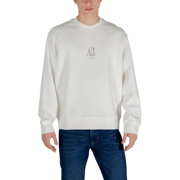 White crewneck sweatshirt from Armani Exchange for men, featuring a long round neck design