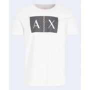 Armani Exchange Männer t-shirt in Weiß mit einem markanten schwarzen geometrischen Logo und weißer Schrift auf der Brust