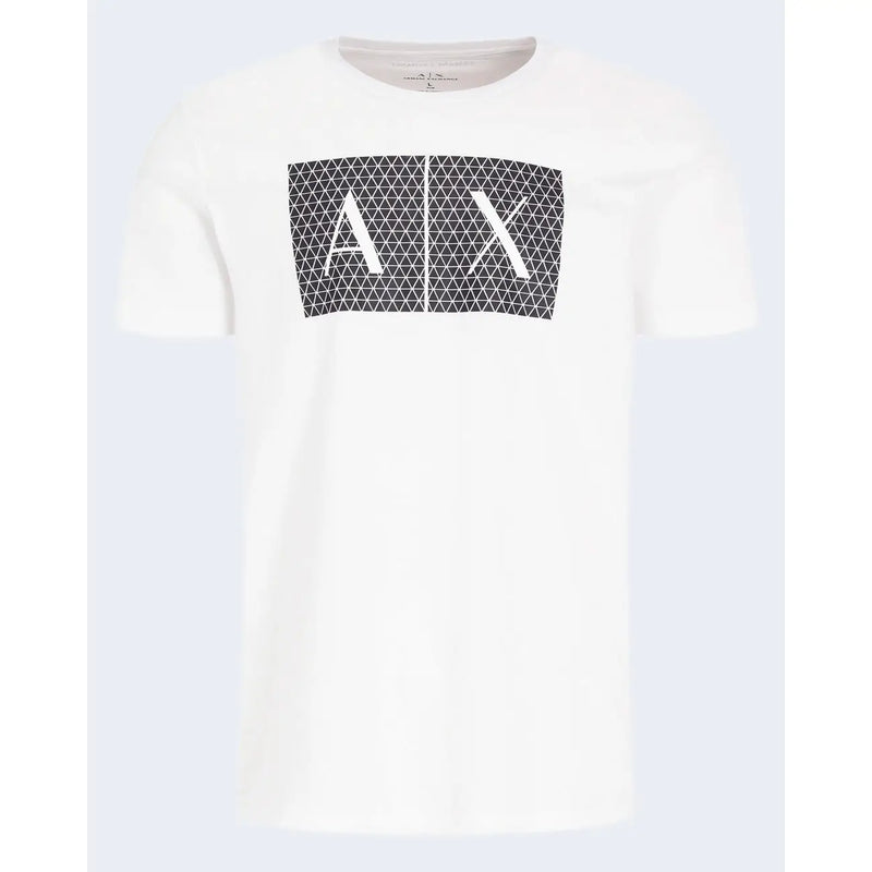 Armani Exchange Männer t-shirt in Weiß mit einem markanten schwarzen geometrischen Logo und weißer Schrift auf der Brust
