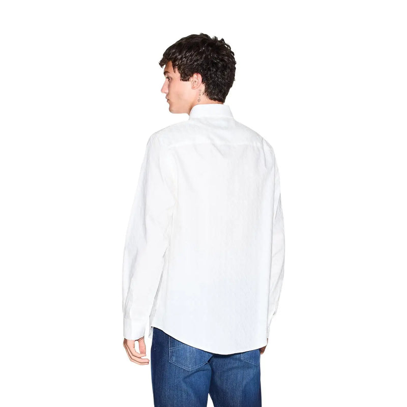 Armani Exchange Weißes Herrenhemd aus Baumwolle mit geometrischem Muster, langen Ärmeln, klassischem Kragen und taillierter Passform