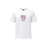 Armani exchange Weißes Herren-T-Shirt aus Baumwolle mit farbenfrohem, mehrlagigem Grafikdruck und dem Schriftzug „admin exchange 199“ in Rot und Blau
