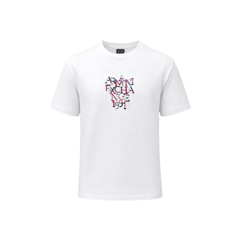 Armani exchange Weißes Herren-T-Shirt aus Baumwolle mit farbenfrohem, mehrlagigem Grafikdruck und dem Schriftzug „admin exchange 199“ in Rot und Blau