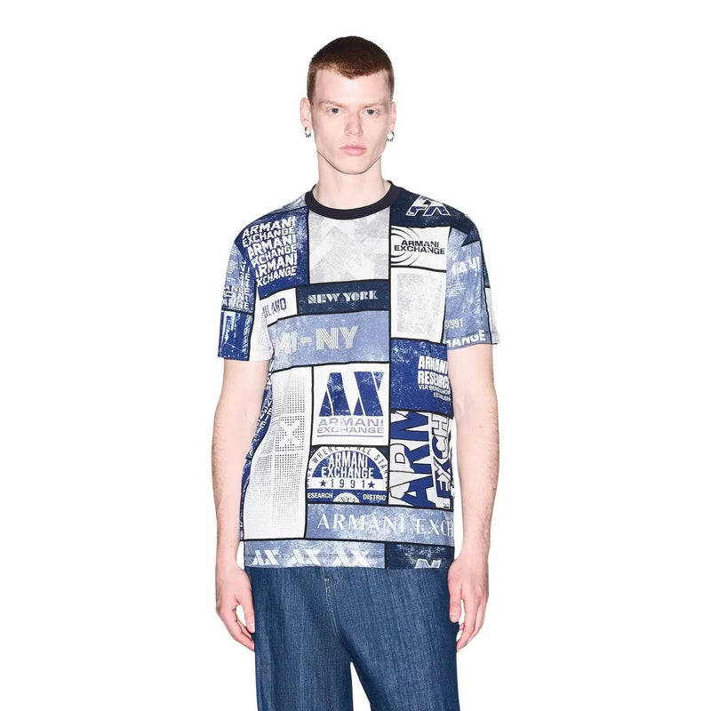 Armani Exchange Weißes Herren-T-Shirt aus Baumwolle mit blau-weißem Grafikdruck Armani Exchange Markenbildung