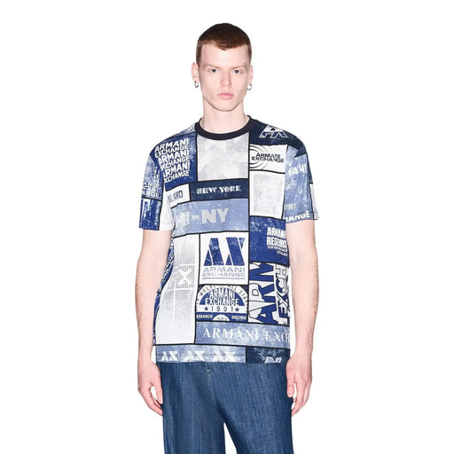 Armani Exchange Weißes Herren-T-Shirt aus Baumwolle mit blau-weißem Grafikdruck Armani Exchange Markenbildung