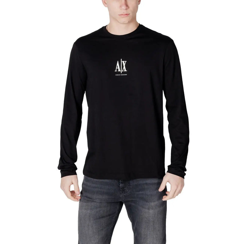 Men’s black long-sleeved crew-neck T-shirt with white graphic logo on chest