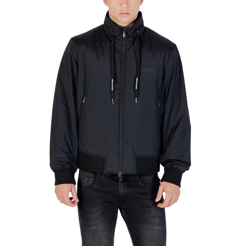 Men’s black bomber jacket with high collar and drawstring hood from Armani Exchange