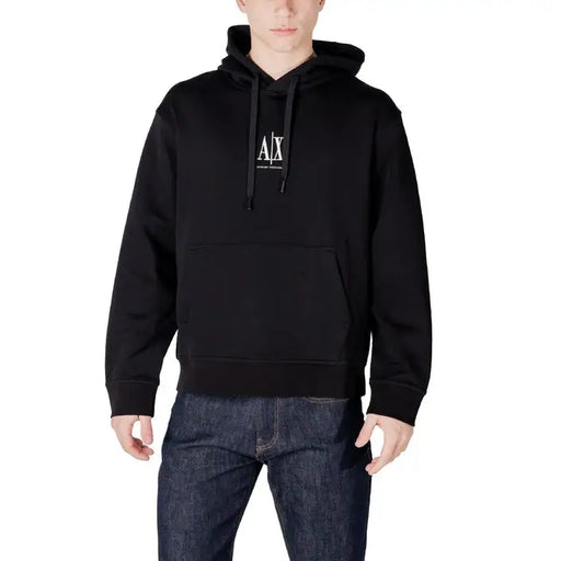 Black hooded sweatshirt from Armani Exchange Men’s collection for casual styling