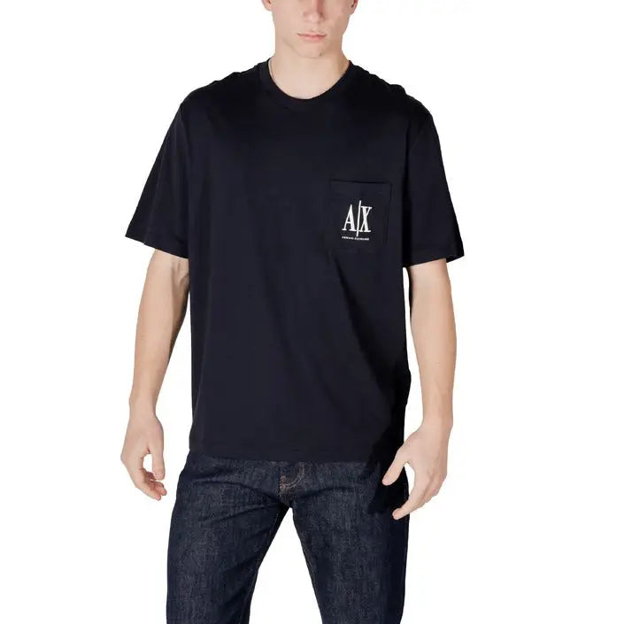 Man in dark blue t-shirt and jeans showcasing Armani Exchange Men Black Cotton Tshirt