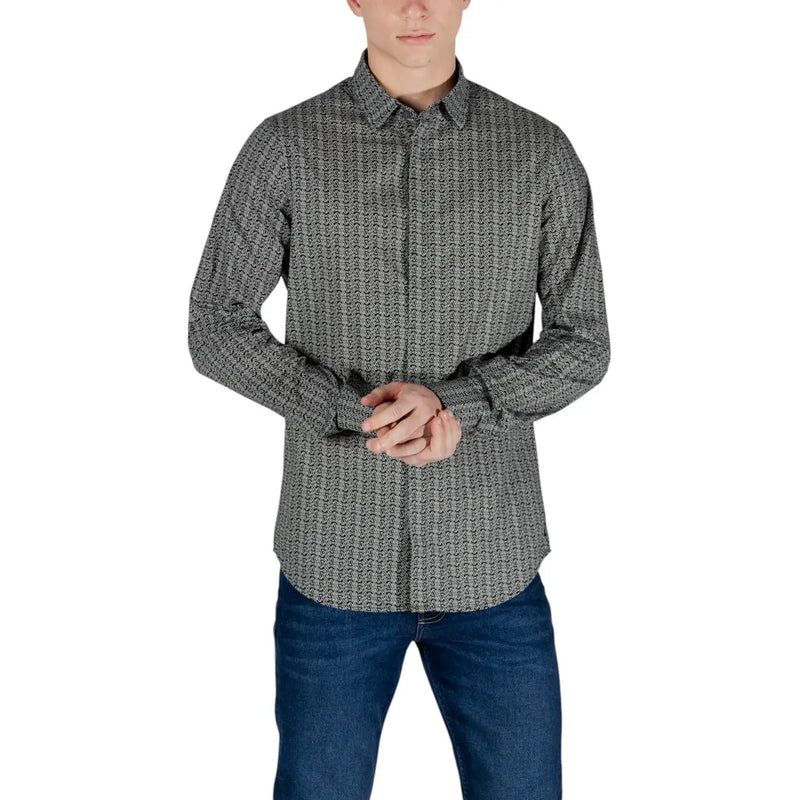 Armani Exchange mens black geometric long sleeve cotton shirt with textured fabric and button-up front