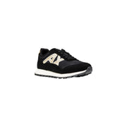 Armani Exchange Schwarzer Herren-Laufschuh mit metallisch-goldenem Logo und weißer Zwischensohle für den Herbst
