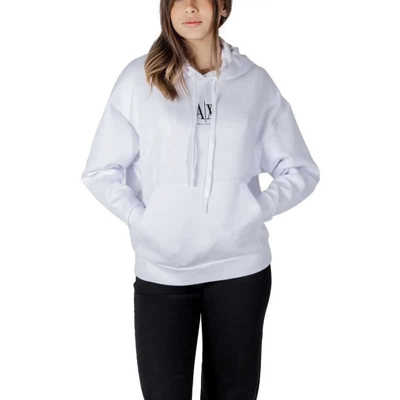 Armani Exchange Weißer Kapuzenpullover für Damen mit schwarzem Logo-Aufdruck auf der Brust und verstellbaren Kordelzügen