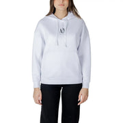 Armani Exchange Weißer Kapuzenpullover für Damen mit schwarzem Logo auf der Brust und passenden Kordelzügen
