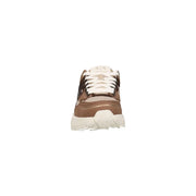Armani Exchange Beige Damen-Sneaker aus Leder mit braun-cremefarbenen Akzenten und klobiger weißer Sohle (Vorderansicht)