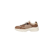Armani Exchange Beigefarbene Damen-Sneaker aus Leder mit braun-beigem Mesh-Einsatz, weißen Schnürsenkeln und klobiger, cremefarbener Sohle