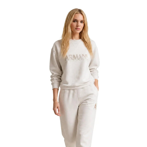 Armani Exchange Beigefarbenes Damen-Sweatshirt aus Viskosemischung mit dezentem Metallic-Logo und passender Jogginghose mit gesticktem Logo