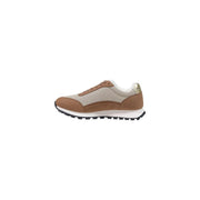 Armani Exchange Beigefarbene Damen-Sneaker aus Textil mit braun-beigem Mesh-Leder, weißer Zwischensohle und schwarzer Außensohle