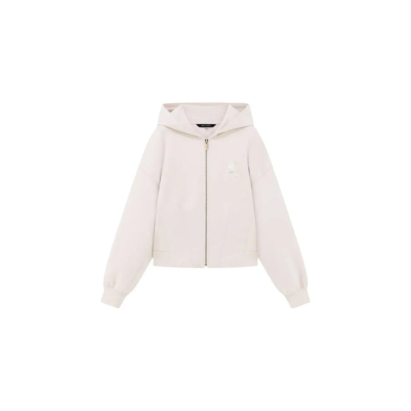 Armani Exchange Beigefarbener Damen-Sweatshirt-Hoodie mit Reißverschluss, cremefarbenem Stoff und dezentem, gesticktem Logo auf der Brust
