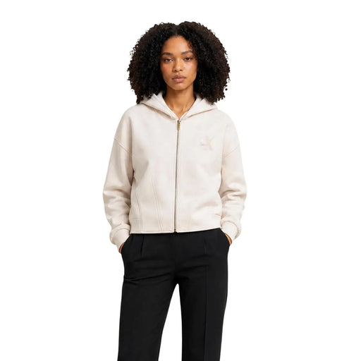 Armani Exchange Beigefarbener Damen-Sweatshirt-Hoodie mit Reißverschluss in Cremefarbe, dezentem Logo auf der Brust und Reißverschluss vorne.
