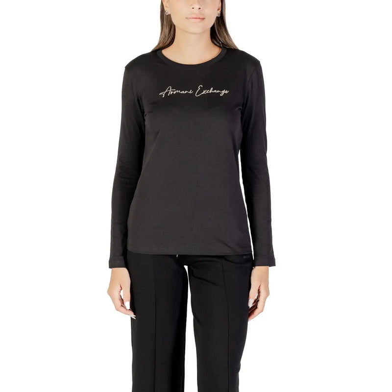 Armani Exchange women black long sleeve round neck cotton t shirt with silver script logo embroidered on chest