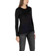 Armani Exchange women black long sleeve cotton t shirt with subtle white embroidery and vertical text stripe