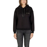 Armani Exchange women black hooded sweatshirt with gold embroidery and matching drawstrings on chest
