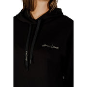 Armani Exchange women black printed hooded sweatshirt featuring embroidered logo and matching drawstrings