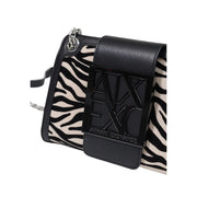 Armani Exchange Schwarze Damen-Umhängetasche aus Polyester mit Zebramuster und glänzendem schwarzem Logo-Emblem, 20 cm breit