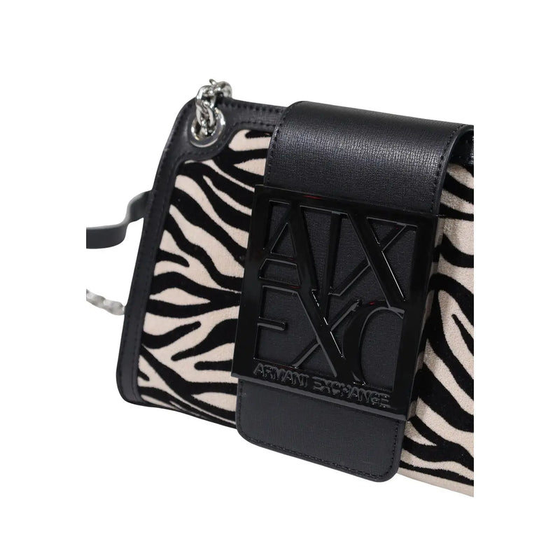 Armani Exchange Schwarze Damen-Umhängetasche aus Polyester mit Zebramuster und glänzendem schwarzem Logo-Emblem, 20 cm breit
