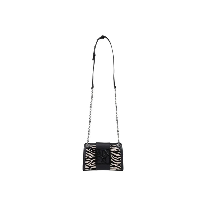Armani Exchange Schwarze Damen-Schultertasche aus Polyester mit schwarz-weißem Zebramuster und silbernem Ketten-Schulterriemen