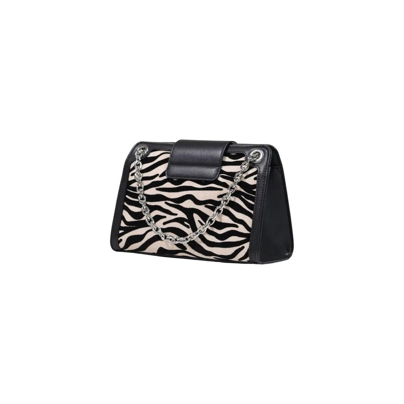 Armani Exchange Schwarze Damen-Schultertasche mit Zebramuster, Clutch aus Polyester und silbernem Kettenriemen, 20 cm breit