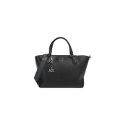 Armani Exchange Schwarze Damen-Tragetasche aus Polyurethan mit silberfarbenen Logo-Beschlägen und abnehmbarem Schulterriemen