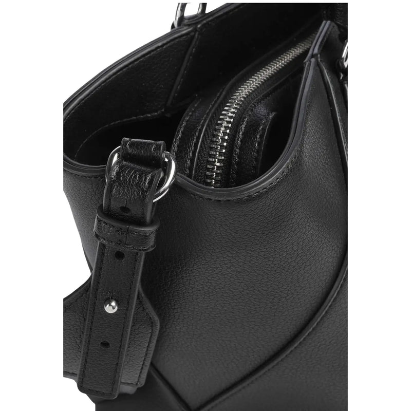 Armani Exchange Schwarze Damen-Schultertasche aus Leder mit silberfarbenem Reißverschluss und Metallbeschlägen aus Polyurethan