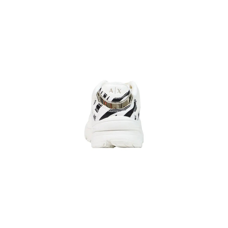 Armani Exchange Schwarze Damen-Sneaker zum Hineinschlüpfen aus Polyester mit weißen, markanten schwarzen Zebrastreifen und silbernem Fersenband