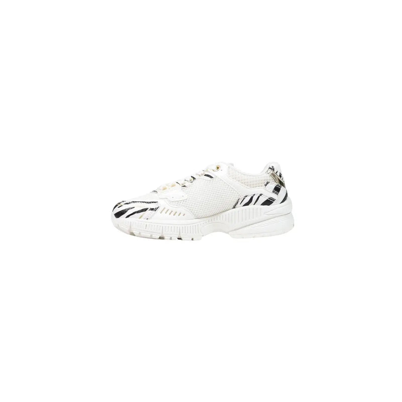 Armani Exchange Schwarze Damen-Sneaker zum Hineinschlüpfen mit weißem Mesh-Obermaterial und schwarzen Zebrastreifen an Zehen und Ferse