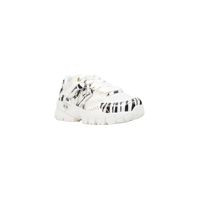 Armani Exchange Schwarze Damen-Sneaker zum Hineinschlüpfen mit weißem Polyester-Obermaterial, auffälligen schwarzen Zebrastreifen und Metallic-Akzenten