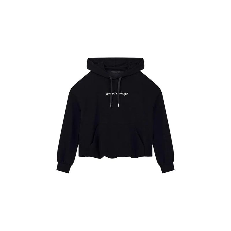 Armani Exchange Schwarzes, kurzes Damen-Sweatshirt mit Kapuze aus Viskose mit weißem, gesticktem Logo und passenden Kordelzügen