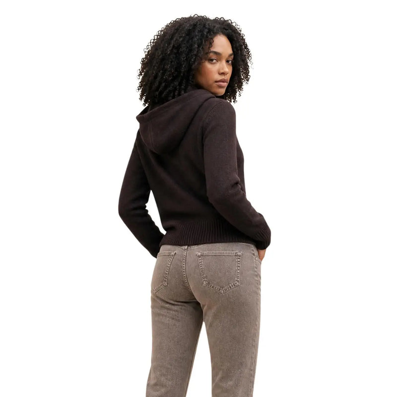 Armani exchange Damen-Strickjacke aus brauner Baumwolle, dunkelbrauner, langärmeliger Strickhoodie mit geripptem Saum und Bündchen
