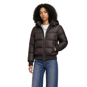 Armani Exchange Dunkelbraune, gesteppte Damen-Daunenjacke mit Kapuze und Frontreißverschluss