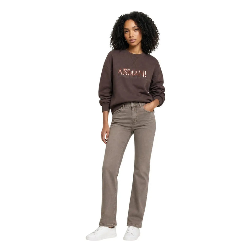 Armani Exchange Braunes Damen-Sweatshirt aus Viskosemischung mit metallisch-roségoldenem Logo auf der Brust