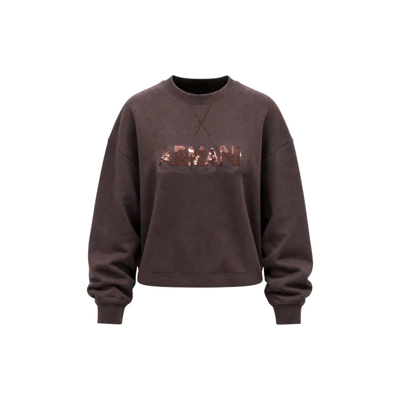 Armani Exchange Braunes Damen-Sweatshirt aus Viskosemischung mit paillettenbesetztem Armani-Logo auf der Brust