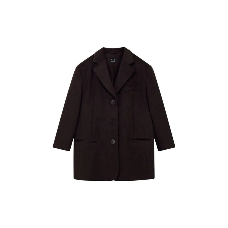 Schwarz armani exchange Damenblazer mit drei Knöpfen und aufgesetzten Taschen aus kontrastierendem braunem Wollmischgewebe (Produkttitel)