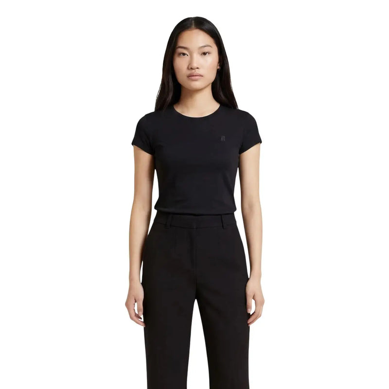 Armani Exchange Schwarzes Damen-T-Shirt aus Baumwolle mit kurzen Ärmeln und dezentem, gesticktem Logo auf der Brust