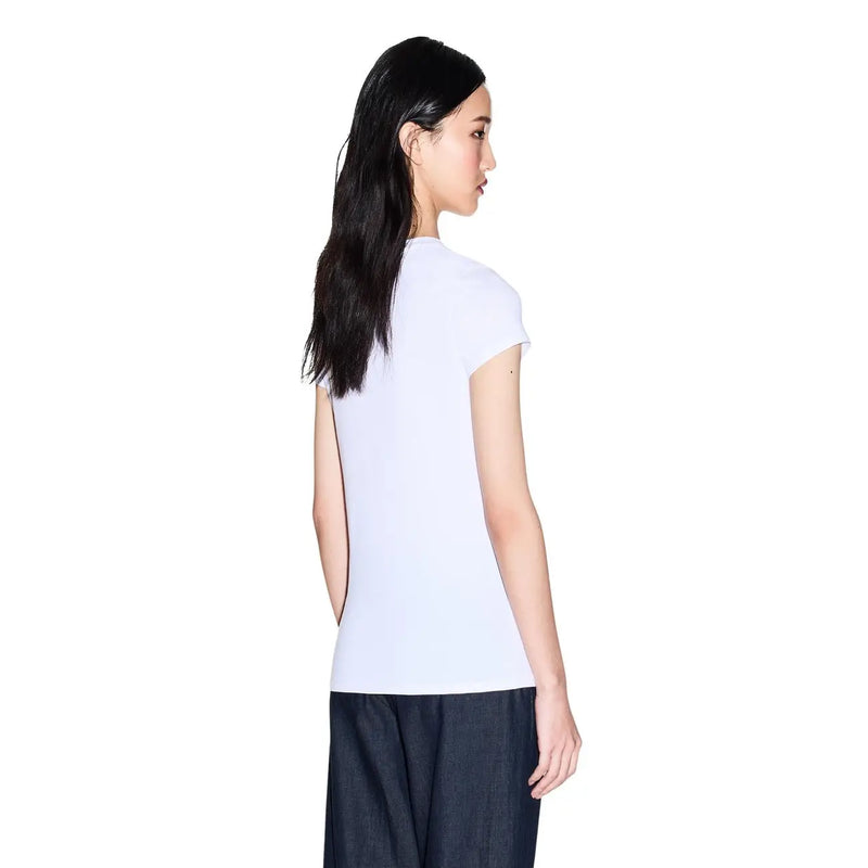 Armani Exchange Weißes, kurzärmeliges Damen-T-Shirt aus Baumwolle mit Rundhalsausschnitt und schlichtem Rundhalsausschnitt, Vorderansicht