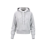 Armani Exchange Grauer Damen-Hoodie aus Baumwolle mit dezenter Struktur und weißem, rundem Logo auf der Brust.